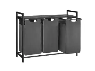 Vasketøjskurv med 3 rum – VASAGLE, udtrækkelige poser, hylde, metalstel, 3 x 38 l, 92,5 × 33 × 72 cm, sort/grå
