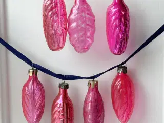 Vintage julekugler, sæt af pink løv, 7 stk samlet