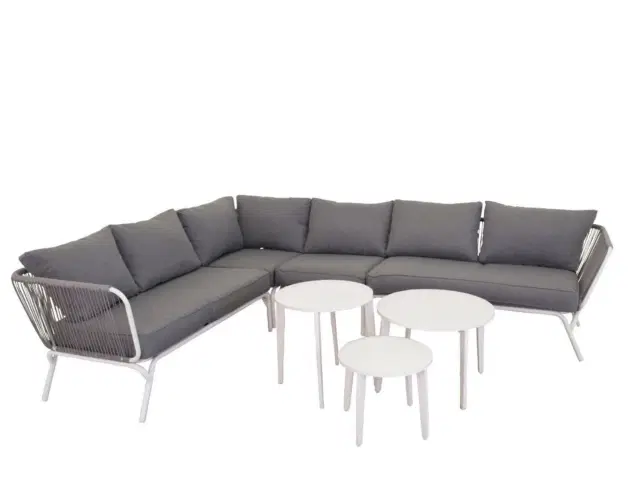 Roxo 2-pers. hjørne havesofa - grå polyester og hvid stål