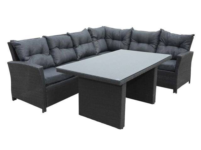 London højre hjørne havesofa med grå hynder - sort rattan og aluminium